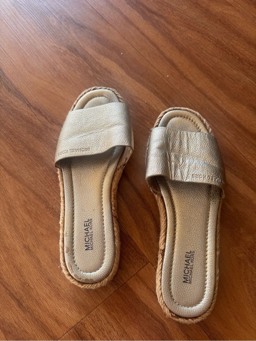 Michael Kors Metallic Gold Slide Sandals with Rope-Trim Sole